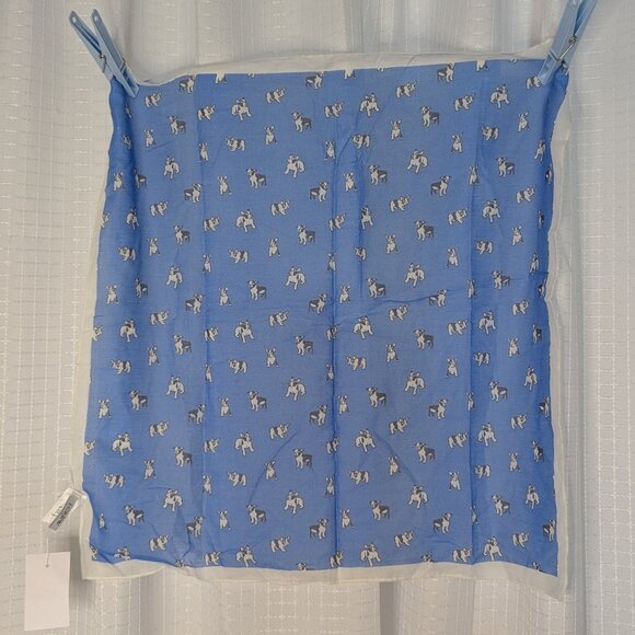 NWT J. Crew 100% cotton Scarf with Frenchie Bulldog Motif, 20X20" Light Blue - Picture 1 of 4